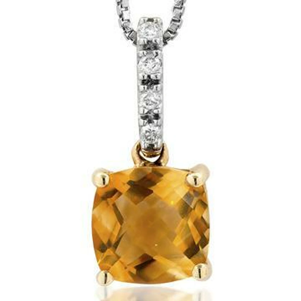 Cushion Citrine Pendant with Diamond Bail 14KT Gold