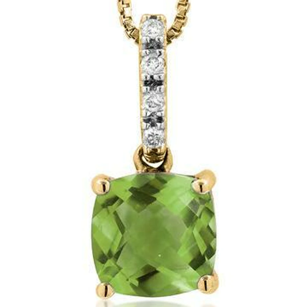 Cushion Peridot Pendant with Diamond Bail 14KT Gold