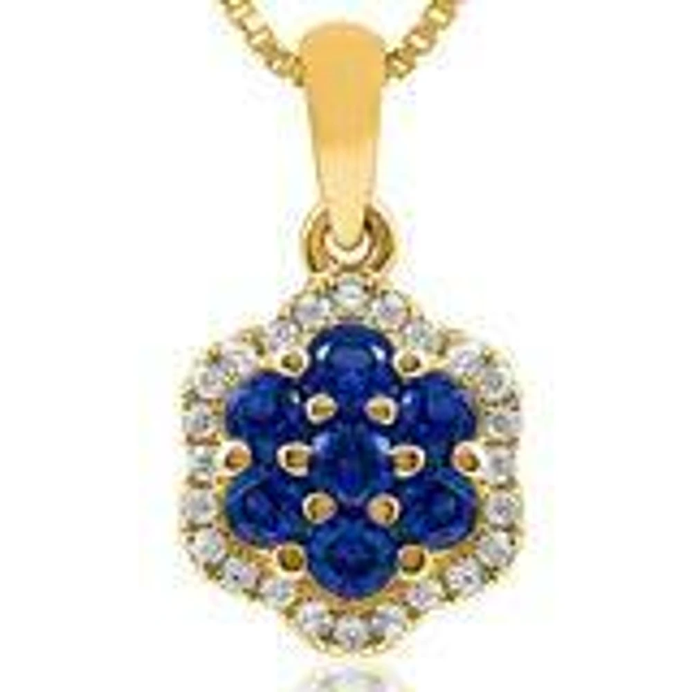 Floral Blue Sapphire Cluster Pendant with Diamond Frame 14KT Gold