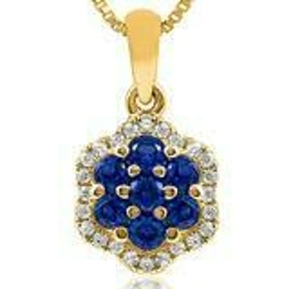 Floral Blue Sapphire Cluster Pendant with Diamond Frame 14KT Gold