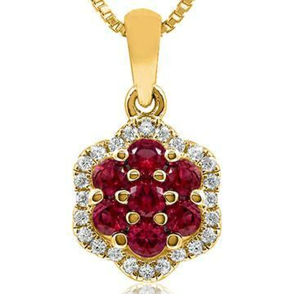 Floral Ruby Cluster Pendant with Diamond Frame 14KT Gold