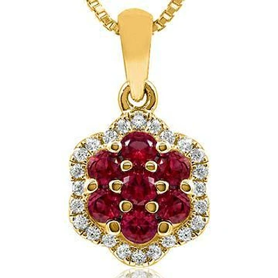 Floral Ruby Cluster Pendant with Diamond Frame 14KT Gold