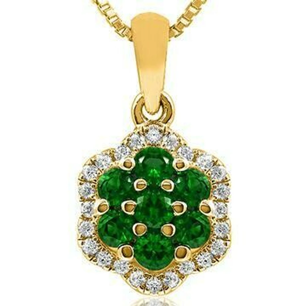 Floral Emerald Cluster Pendant with Diamond Frame 14KT Gold