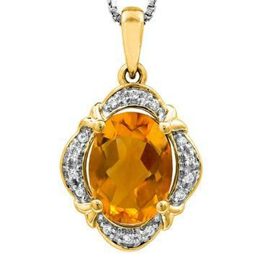 Vintage Inspired Oval Citrine Pendant with Diamond Frame 14KT Gold