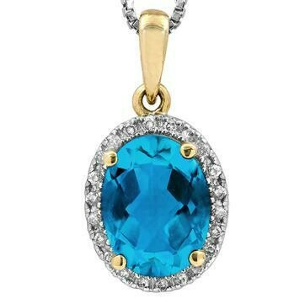 Oval Blue Topaz Pendant with Diamond Halo 14KT Gold