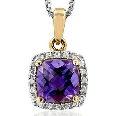 Cushion Amethyst Pendant with Diamond Halo 14KT Gold