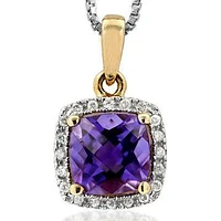 Cushion Amethyst Pendant with Diamond Halo 14KT Gold