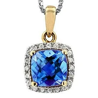 Cushion Blue Topaz Pendant with Diamond Halo 14KT Gold