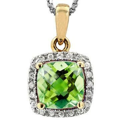 Cushion Peridot Pendant with Diamond Halo 14KT Gold