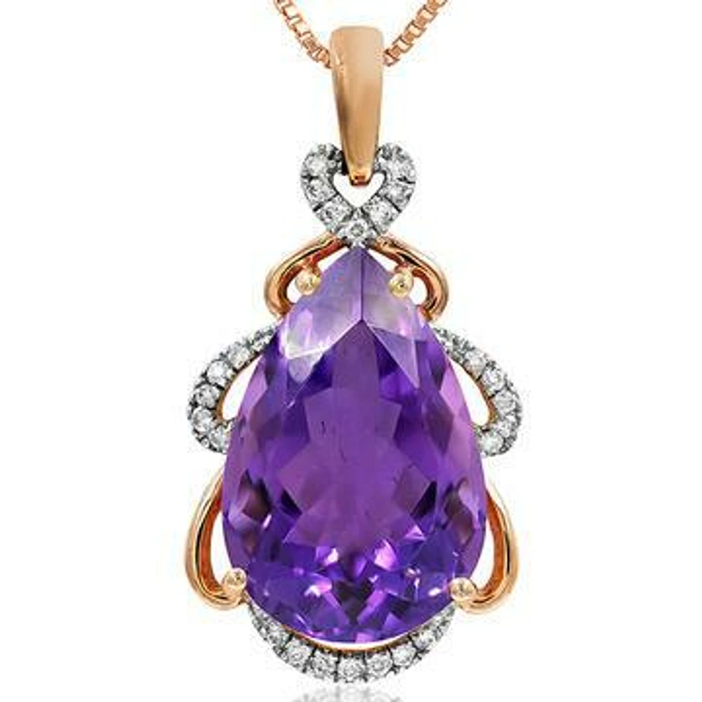 Premium Pear Amethyst Pendant with Diamond Accent 14LT Gold