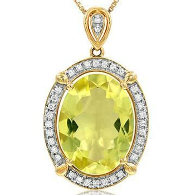 Premium Oval Lemon Citrine Pendant with Diamond Frame 14KT Gold