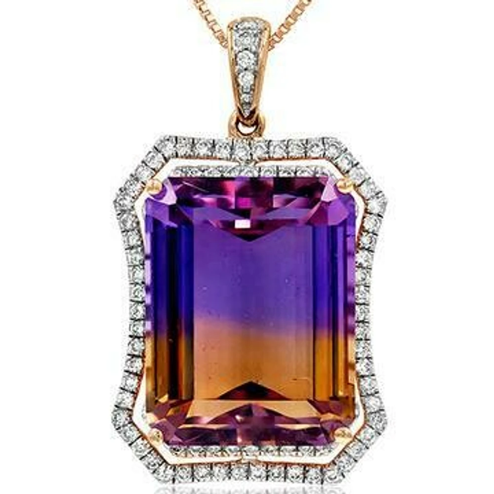 Premium Emerald Cut Ametrine Rose Pendant with Diamond Frame 14KT Gold