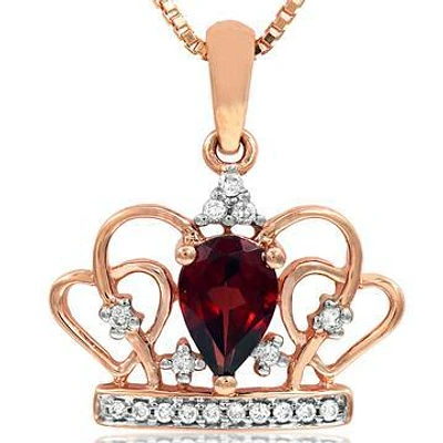 Pear Cut Garnet Crown Pendant with Diamond Accent 14KT Gold