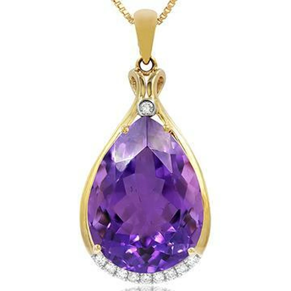 Premium Amethyst Teardrop Pendant with Diamond Accent 14KT Gold