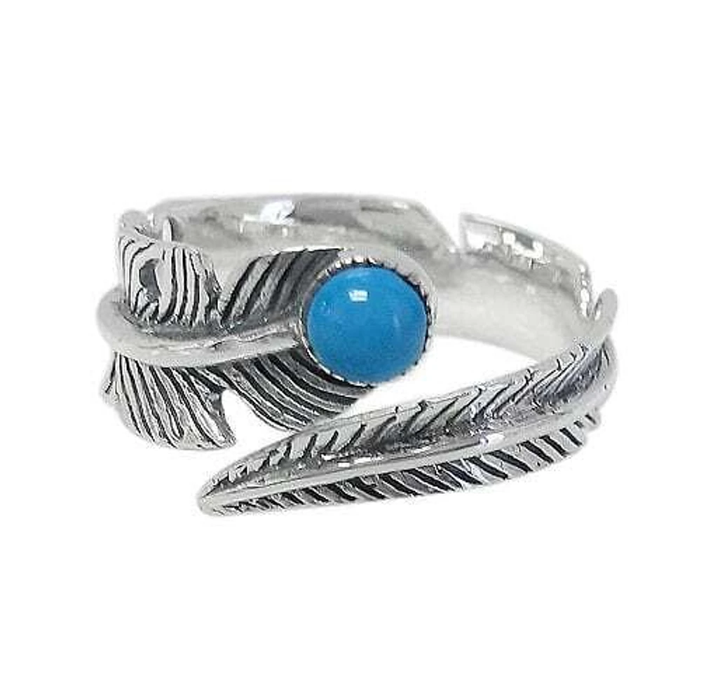 Sterling Silver, Feather Ring With 4mm Synthetic Turquoise, 13mm Width