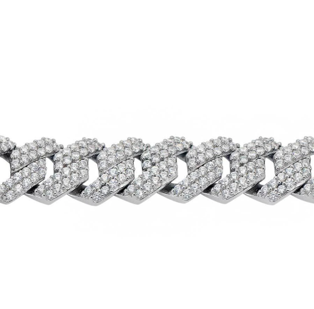 Sterling Silver With Rhodium, 10mm Zig Zag Cuban Bracelet With Cubic Zirconia