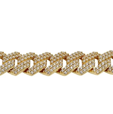 Sterling Silver With Gold, 8mm Zig Zag Cuban Bracelet With Cubic Zirconia