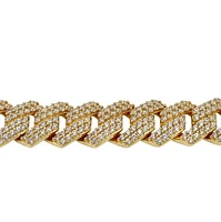 Sterling Silver With Gold, 8mm Zig Zag Cuban Bracelet With Cubic Zirconia