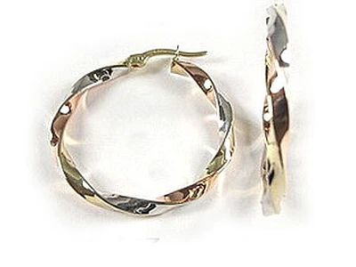 10K Yellow White & Rose Tri Color Shimmer Cut Hoop Earrings