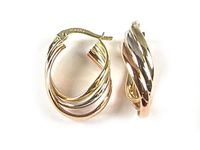 10K Yellow White & Rose Tri Color Smooth Hoop Earrings