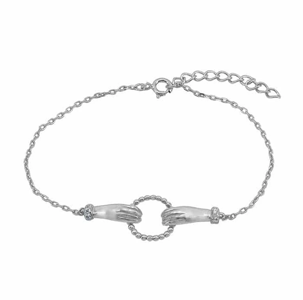 Sterling Silver With Rhodium, Double Hands Necklace With Cubic Zirconia