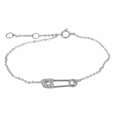 Sterling Silver With Rhodium, Safety Pin Bracelet With Cubic Zirconia