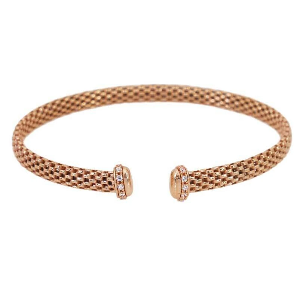 Sterling Silver With Rose Gold, Mesh Bracelet With Cubic Zirconia