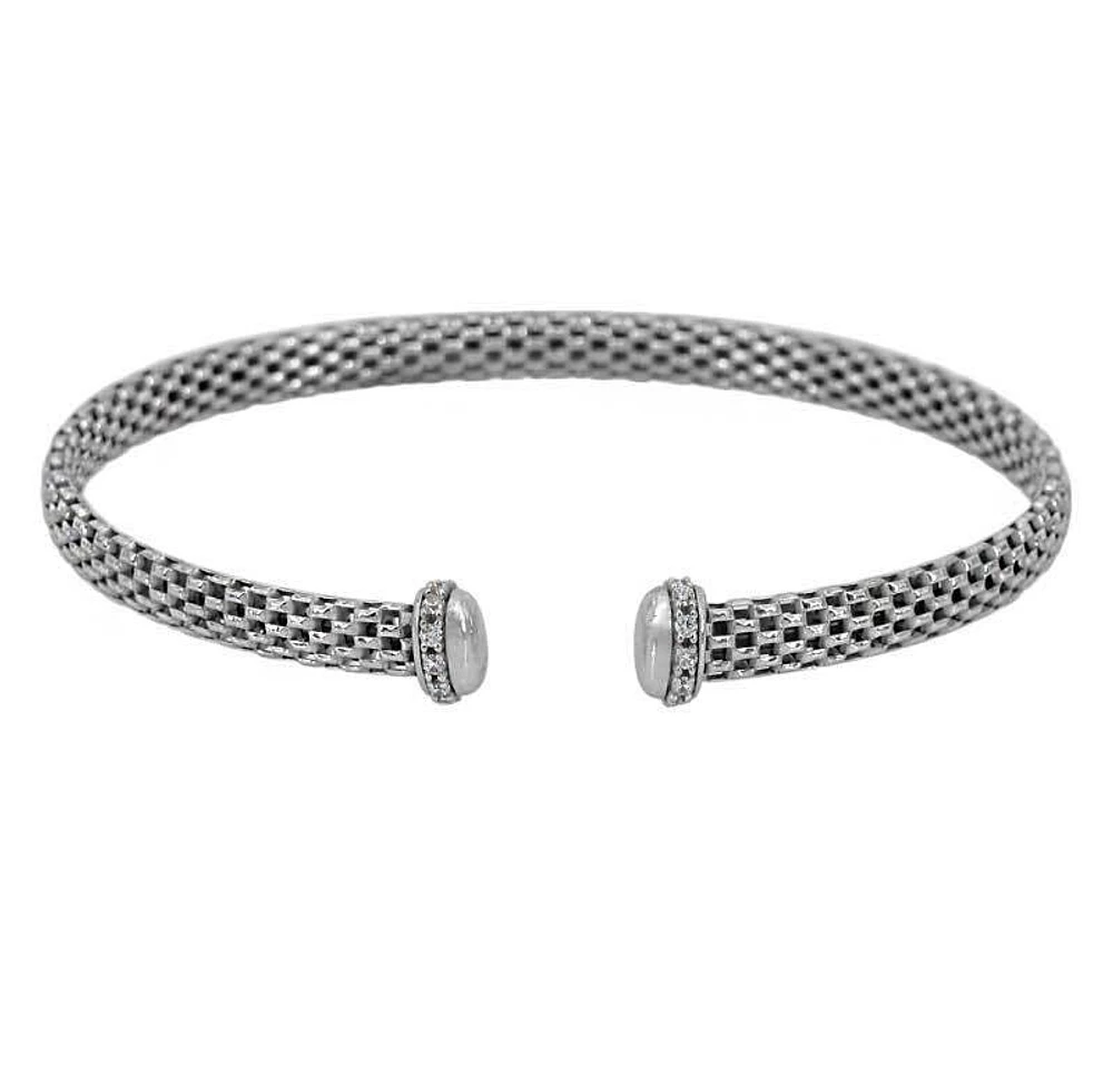 Sterling Silver With Rhodium, Mesh Bracelet With Cubic Zirconia