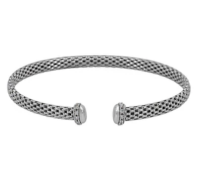 Sterling Silver With Rhodium, Mesh Bracelet With Cubic Zirconia