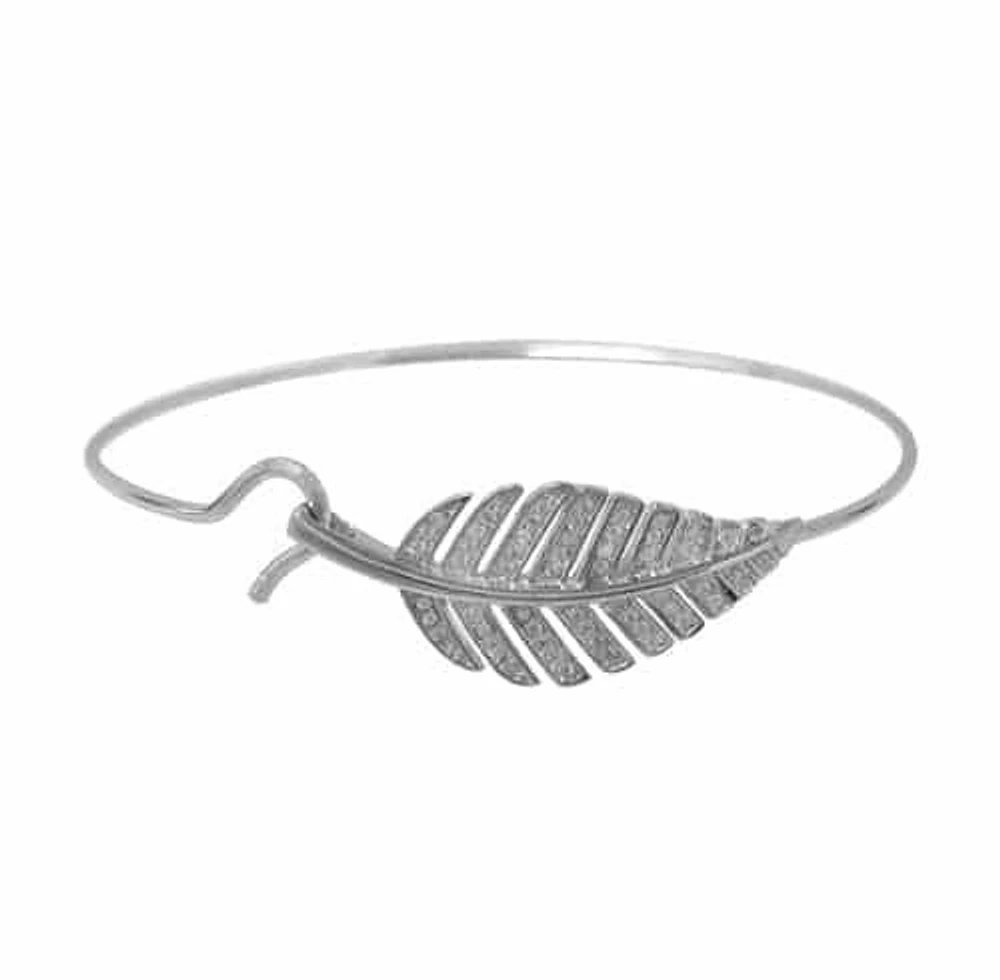 Sterling Silver With Rhodium, Cubic Zirconia Leaf Charm Bracelet With Hook Closure