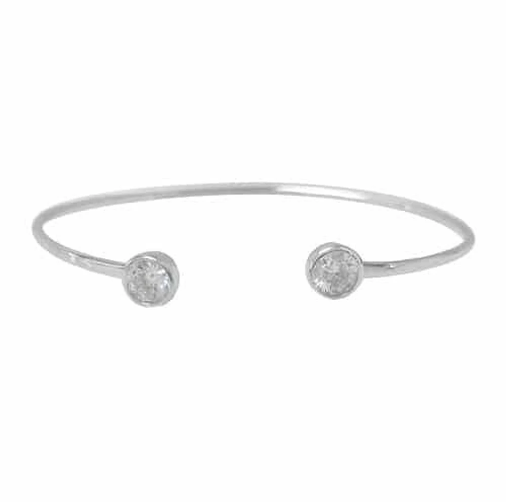 Sterling Silver With Rhodium, Adjustable 1.5mm Wire Bracelet With 6mm Round Cubic Zirconia