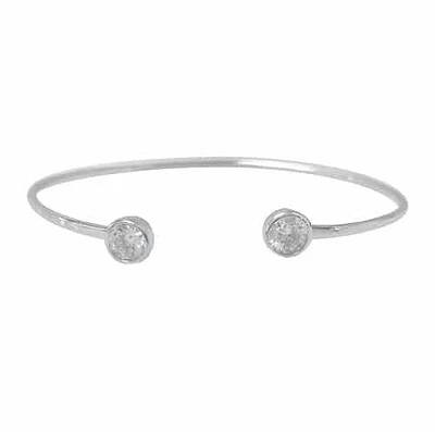 Sterling Silver With Rhodium, Adjustable 1.5mm Wire Bracelet With 6mm Round Cubic Zirconia