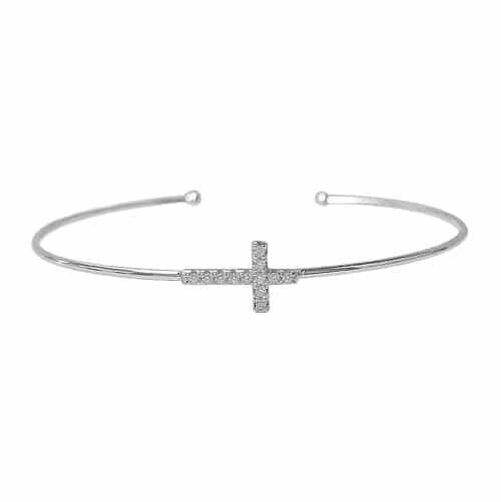 Sterling Silver With Rhodium, Sideways Cross Cuff Bracelet