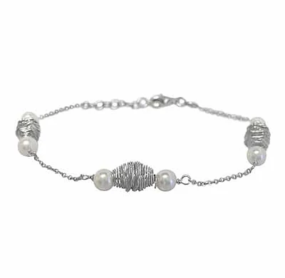 Sterling Silver With Rhodium, Wire Bead Bracelet With 5.5mm Synthetic Pearl Bead