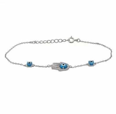 Sterling Silver With Rhodium, Hamsa And 4mm Evil Eye Bracelet