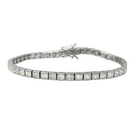 Sterling Silver With Rhodium, Tennis Bracelet With 3X3mm Faceted Stone And Security Clasp