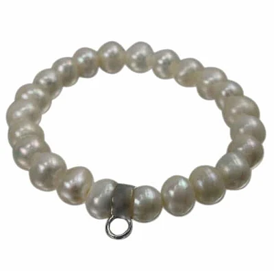 Sterling Silver With Rhodium, 10X8mm White Freshwater Pearl Elastic Bracelet With 6mm Charm Connector