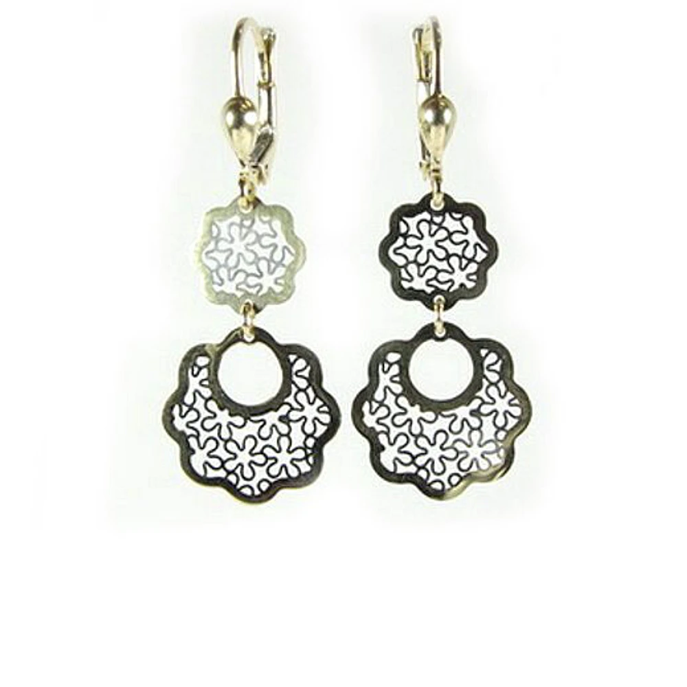 10K Yellow Gold Flower Pattern Dangle Earrings