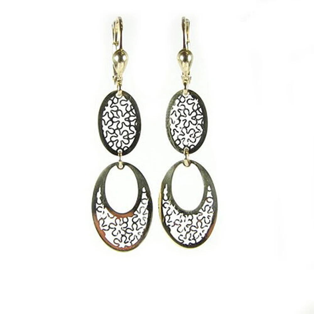 10K Yellow Gold Long Flower Pattern Dangle Earrings