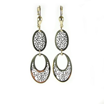 10K Yellow Gold Long Flower Pattern Dangle Earrings