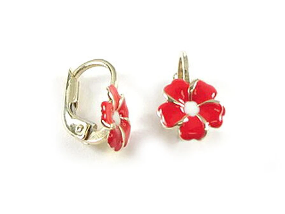 10K Yellow Gold Flower Enamel Children's Earrings