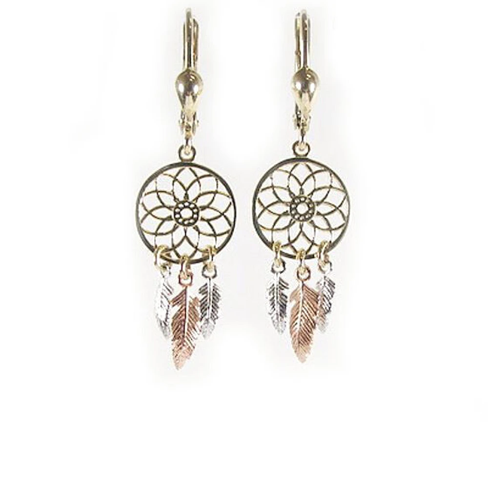 10K Yellow, White & Rose Gold Dream Catcher Dangle Earrings