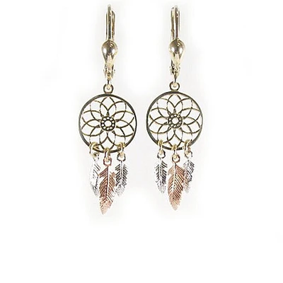 10K Yellow, White & Rose Gold Dream Catcher Dangle Earrings