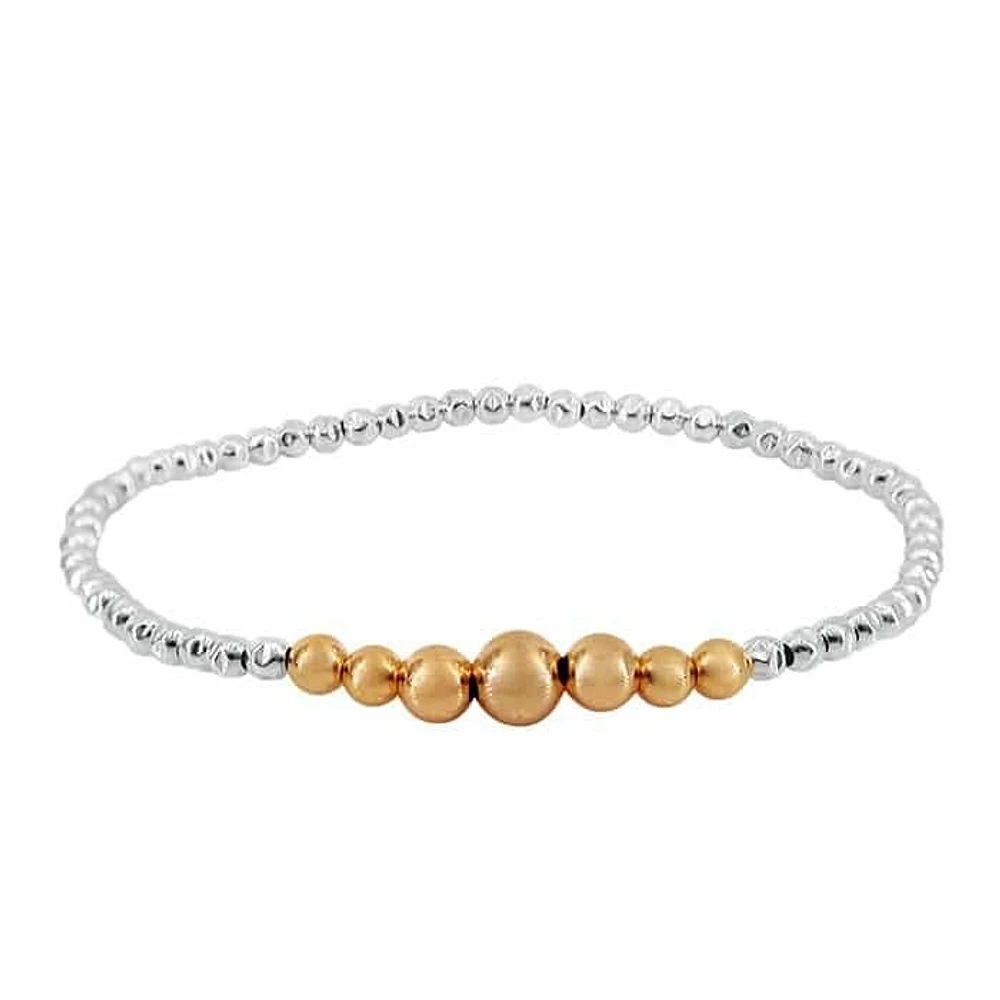 Sterling Silver 3mm Hammered Ball With 4mm To 6mm 14kt Gold Filled Ball Elastic Bracelet