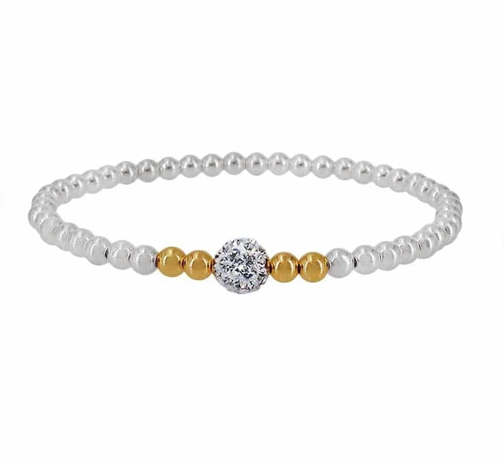 Sterling Silver 3mm Ball With 6mm Crystal Ball And 3mm 14Kt Gold Filled Ball Elastic Bracelet