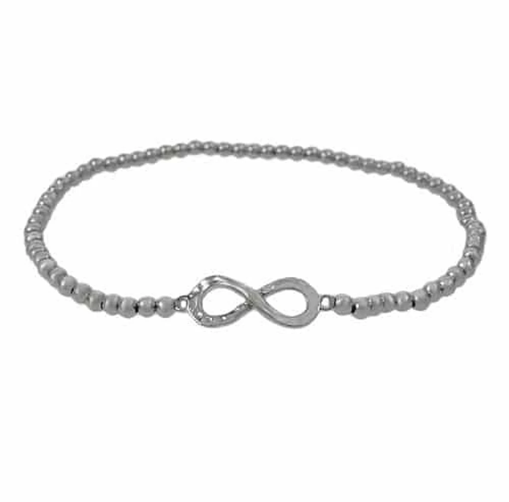 Sterling Silver, Elastic Bracelet With 5X15mm Infinity Charm And 3mm Ball Bead