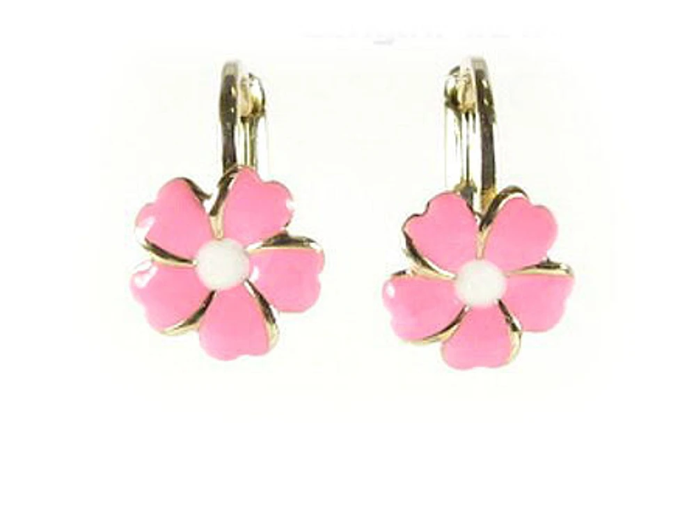 10K Yellow Gold Flower Pink Enamel Children's Earrings