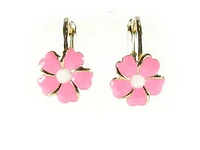 10K Yellow Gold Flower Pink Enamel Children's Earrings