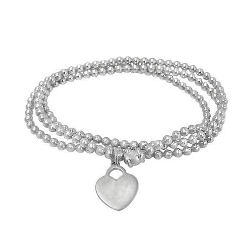 Sterling Silver, Elastic Bracelet With 3mm Ball Bead And 15X12mm Heart Charm