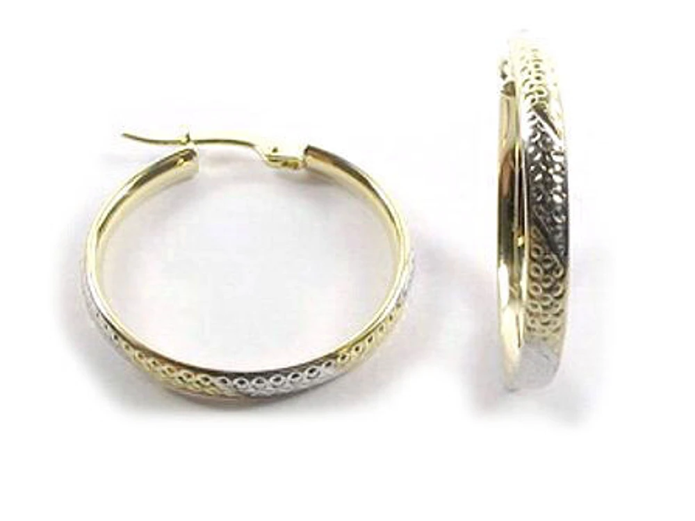 10K Yellow & White Gold Shimmer Cut Hoop Earrings